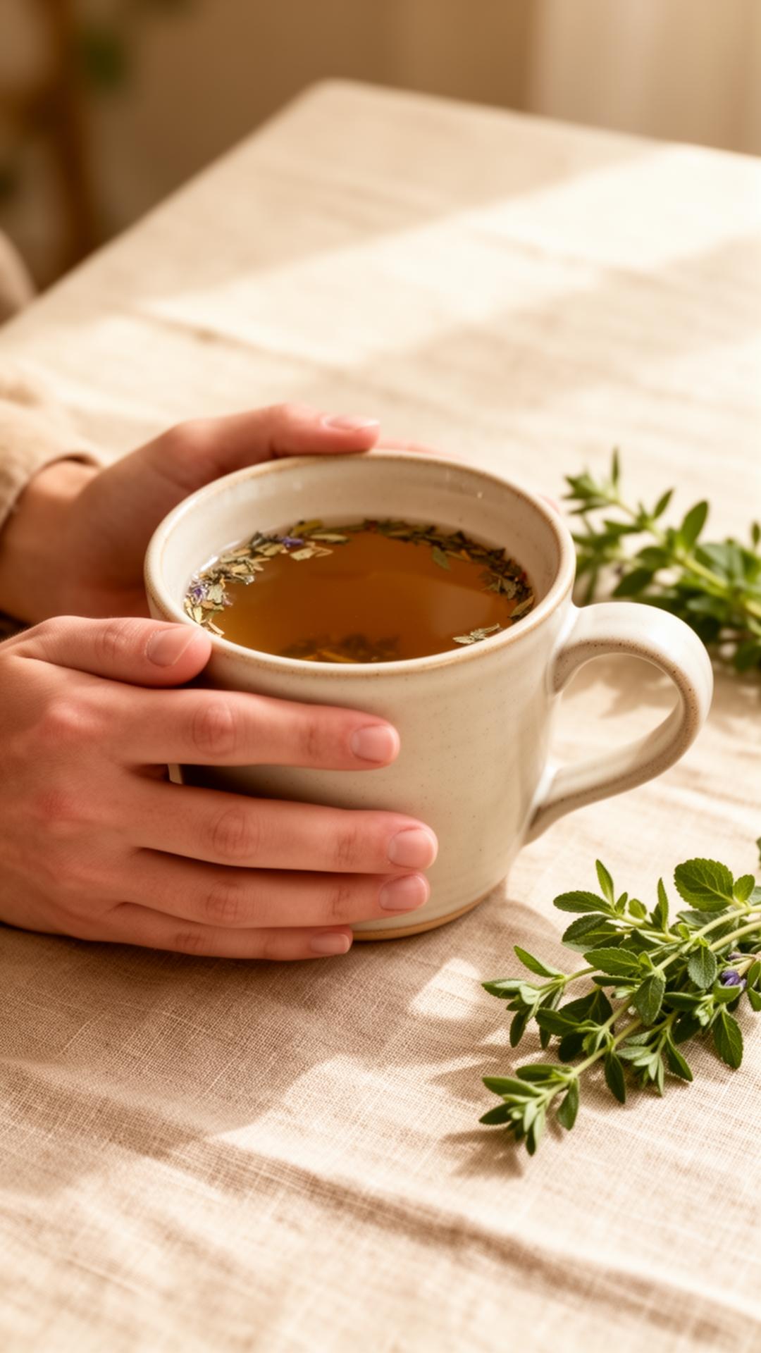 Warm hands holding herbal tea